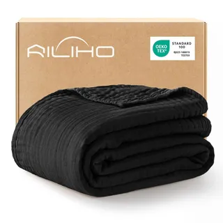 RILIHO musselindecke Adult 127 x 152, 100% Baumwolle, Sommer Decke, atmungsaktive Gaze-Decke alle Jahreszeiten, weich und leicht, Wohndecke Couch Decken, bettdecke, Schwarz