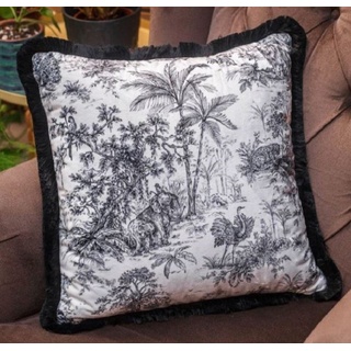 Casa Padrino Dekokissen »Luxus Deko Kissen Dschungel Weiß / Schwarz 45 x 45 cm - Bedrucktes Samt Kissen mit Fransen - Luxus Qualität«