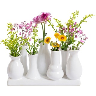 Jinfa Handgefertigte kleine Keramik Deko Blumenvasen Set aus 7 Vasen in weiß