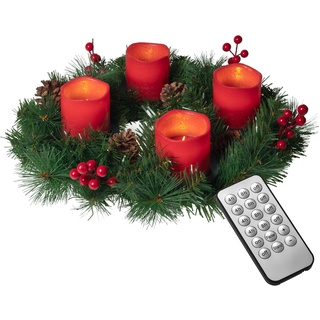 Künstlicher Adventskranz Ø 45 cm mit 4 LED Kerzen aus Echtwachs in rot oder Creme | praktische Fernbedienung mit Timer und Lichtfunktionen | inkl. Kerzenhalter | nadelfrei (Rot)