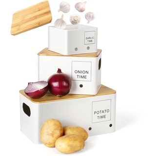 Lannvan Kartoffel Aufbewahrungsbox [3er Set] - Kartoffeln, Zwiebeln und Knoblauch Aufbewahrung mit Lüftungslöchern - Hält Gemüse Länger Frisch - Kartoffeltopf Zwiebeltopf und Knoblauchtopf - Weiß