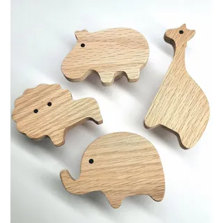 PLT Afrikanische Tiere Wandhaken aus unbehandeltem Eichenholz (Elefant Giraffe Löwe Nilpferd) Garderobe Eingangsbereich Kleiderhaken Kinderzimmer Flur Baby Geschenk