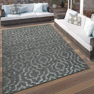Paco Home In- & Outdoor Terrassen Teppich Ethno Muster Bordüre Wetterfest Modern In Grau, Grösse:80x150 cm