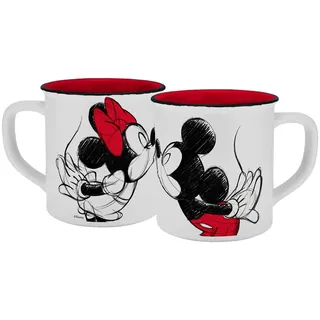 NEATIK Disney Mickey Kiss Sketch Emaille-Optik - Außen weiß, innen rot. 400ml. Material: Keramik, in Geschenkverpackung.