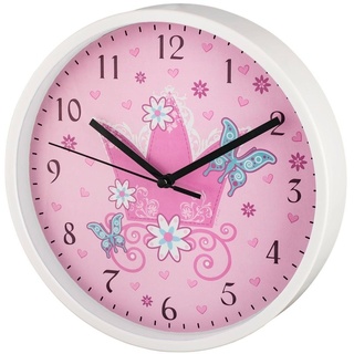 Hama Kinder Wanduhr ohne Ticken „Krone“ (analoge Uhr, großes Ziffernblatt mit Ø 22,5 cm, geräuscharm, mit Prinzessinnen-Motiv, z.B. für’s Kinderzimmer) Kinderwanduhr rosa