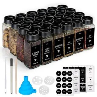 Boic Gewürzgläser Eckig 24er Set, 120ml Gewürzstreuer Mit Edelstahl Drehdeckel, Gewürzbehälter Gewürz Organizer Mit Etiketten Auf Deutsch Gewürzdosen Gewürze Organizer Für Gewürzorganizer (Schwarz)