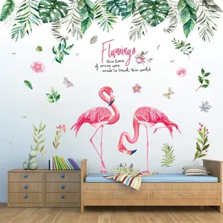 Pdrui Wandtattoo für Wohnzimmer, Tropischer Dschungel und Flamingo Wandsticker als Wanddekoration für Schlafzimmer Kinderzimmer 150cm×130cm Deko Wand Aufkleber für Wand Fenster Flur Schlafsaal