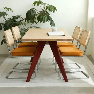 4er-set Esszimmerstühle, Retro-freischwinger Für Küche, Aus Verchromtem Metall Und Samt Mit Rückenlehne Aus Wiener Geflecht, Orange