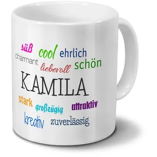 Tasse mit Namen Kamila - Motiv Positive Eigenschaften - Namenstasse, Kaffeebecher, Mug, Becher, Kaffeetasse - Farbe Weiß