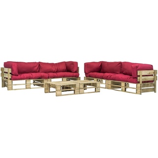 Gartenmöbel-Set 6-tlg. Garten-Lounge-Set Paletten Rote Auflagen Holz Gartenstuhl Garten Tisch