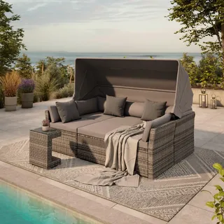 Ambia Garden Loungegarnitur, Grau, Metall, Kunststoff, Füllung: Faserbällchen,Komfortschaum, einzeln stellbar, eckig, Fsc, Bsci, UV-beständig, hochklappbare Sonnenblende, Tisch mit Glasplatte, Hocker umfunktionierbar zu, Loungemöbel, Gartenlounge-Sets