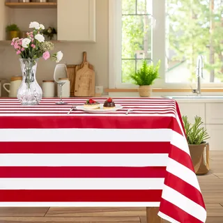 Rot Weiß Gestreifte Tischdecke, 140x 210cm Rechteckige Polyester Tischdecke für Party, Karneval, Weihnachten, Geburtstag im Freien, Zirkus, Picknick Dekoration