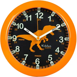 Kiddus Wanduhr Kinder & Lernuhr, 20cm Uhr für Kinderzimmer, Jungen & Mädchen, Lautlos ohne Ticken, Markierte Zeiger (Stunde & Minute), Pädagogisches Design - 03 Dino IT 20cm