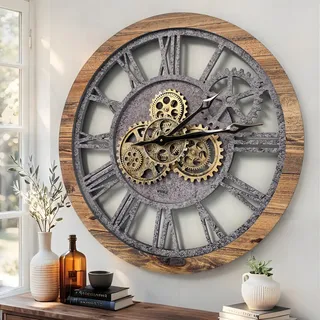 The Gears Clock The Original Real Moving Gear Wanduhr Vintage Industrial Übergroß Rustikales Bauernhaus (60 cm, Holz und Stein)