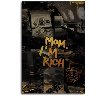 SimpleCanvas Wanddekoobjekt Mom I am rich - Leinwandbild Motivation, Wandbild Reich, Gold, Luxuriös weiß 80 cm x 120 cm
