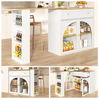 Fine Life Pro Sideboard Bar-Tisch weiß, ausziehbar 138-204 cm, 360° drehbar, Glasregale