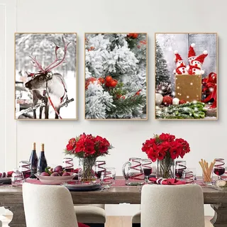 Herfair 3er Premium Poster Set, Moderne Natur Winter Weihnachten Elch Holzhaus Schneelandschaft Bilder,Leinwandbilder Wanddecor für Wohnzimmer Schlafzimmer Ohne Rahmen (B,50x70cm)