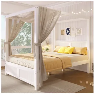 HAUSS SPOLE Himmelbett 140x200 Jugendbett mit Dachrahmen,Kinderbett mit Lamellen-Optik,Weiß (Holzbett Kinder- und Jugendbett mit dekorativer Rahmenstruktur), ohne Matratze