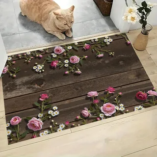Fußmatte 60x90 cm Innen und Außen, rutschfeste Schmutzfangmatte Vintage Holzrose Waschbar Fussmatte Landhausstil Schmutzfänger Türmatte für Eingang, Küche, Flur, Schlafzimmer, Badezimmer, Dunkelbraun
