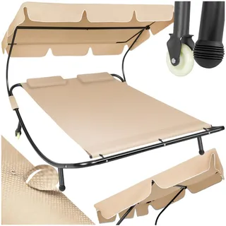 tectake Sonnenliege, Doppelliege, Outdoor Liege für 2 Personen, Gartenliege mit Sonnendach, Relaxliege, Sonnenliege mit Dach, inkl. 2 Kissen, ideal für Garten oder Balkon - schwarz/beige