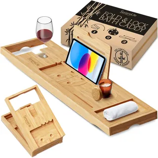 SereneLife Badewannenablage Holz – Bathtub Tray – Wasserdichte Badewannentisch als Badewannen Zubehör Wellness, Badewannen Tisch ausziehbar 70-105 cm, Badewannenauflage mit Getränkehalter & Buchstütze
