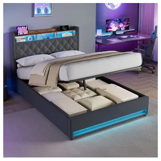 MODFU Polsterbett Funktionsbett Stauraumbett Gästebett (Stilvolles Polsterbett Dunkelgrau aus hochwertigem holländischen Samt mit hochelastischem Schaumstoff, 1-tlg., 140*200), Mit LED-Lichtleiste und USB-Aufladung grau