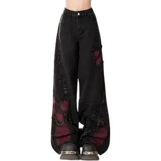 Damen Schmetterling Patchwork Gerade Niedliche Hose Patchwork Hohe Taille Lose Baggy Jeans Grunge Streetwear Vintage Mode Harajuku Kleidung (Schwarz,S) - S