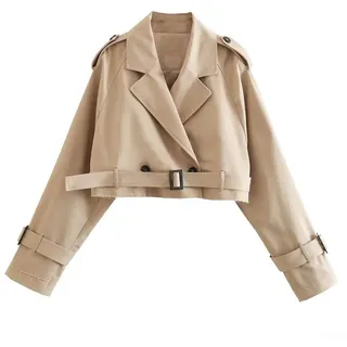 Damen Kurzer Trenchcoat Langarm mit Reverskragen | Lose Jacke für Frühling und für | Einfarbiges Oberbekleidung im High-Street-Stil | Schwarz(L Khaki)