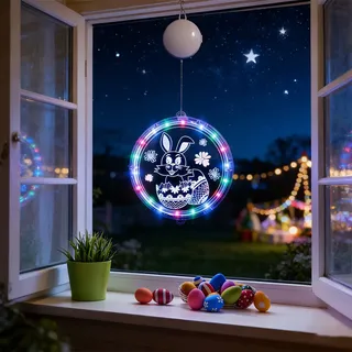 Ostern Deko Hängender Hase Und Eier Mit Mehrfarbiger Led-lichterkette – Fenster- Und Garten Terrasse Dekoration (osterhase – 17 Cm)