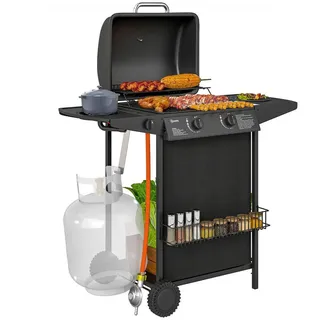 Outsunny Gasgrill 7 KW Grillwagen inkl 3 Brenner Seitenkocher Rolle Deckel - Schwarz