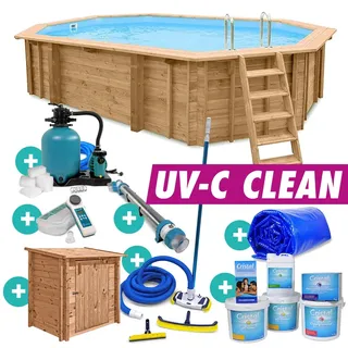 Holzpool Oval Bali 8-Eck 840x490x138 cm Komplettset UVC Filter Pumpenhaus