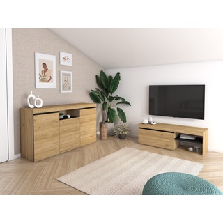 Skraut Home - Set Naturale Wohnzimmer Esszimmer, Beistellmöbel, Buffet-TV-Schrank 120cm Eiche schwarz nordische
