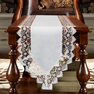 FRAGRANCOSY Eleganter Vintage-Tischläufer, 91,4 cm lang, mit exquisitem Makramee und gesticktem Blumenmuster, perfekt als Kommodenschal, 35,6 x 91,4 cm, Weiß