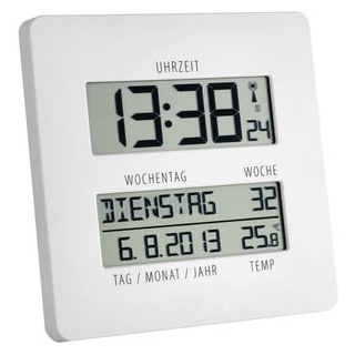 TFA Wanduhr 60.4509.02 weiß Funkuhr, 19,5 x 19,5 cm, Wecker, Thermometer, Datum