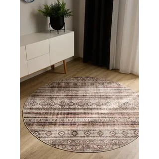 benuta Teppich George, rund, Höhe: 5 mm, Vintage-Look, Kurzflor, Teppich Wohnzimmer, Schlafzimmer, Waschbar braun rund | Ø 120 cm x 5 mm