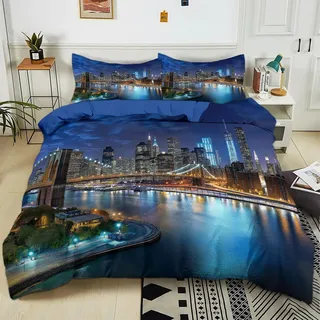 Generisch Bettwäsche-Sets 200x200 cm New York City Nachtansicht blau Polyester Baumwolle Bettbezug Set mit 2 Kissenbezug, 3-Teilig Bettwäsche für Schlafzimmer Dekorieren, Weich Bügelfrei