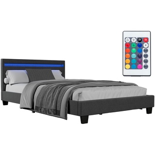 Juskys Polsterbett Verona 120 x 200 cm – Bett mit LED-Beleuchtung, Lattenrost & Kopfteil - Grau