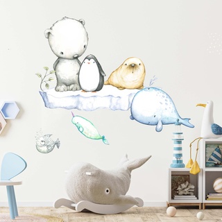 WANDKIND Polartiere Wandtattoo Kinderzimmer V358 | handgezeichnet | AUFKLEBER Kindergarten | Babyzimmer Wandsticker Eisbär Pinguin Wal Eisberg (75 x 75 cm)