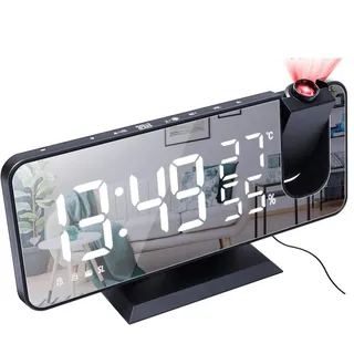 DollaTek Radio Projektionswecker LED Großbildanzeige Temperatur und Luftfeuchtigkeit elektronische Uhr für Schlafzimmer Küche Geschenk - Schwarze Muschel Weiß Digital
