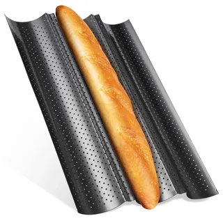 Feelino Baguette-Backblech, 3er Set mit 3 Mulden, Spülmaschinenfest, Antihaft Metall-Backform für Brot und Brötchen