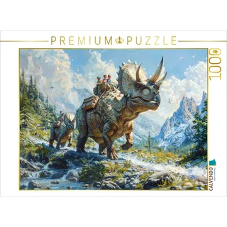 Calvendo Puzzle Bergwanderung - Menschen mit Dinosaurier Triceratops 1000 Teile Lege-Größe 64x48cm Foto-Puzzle für glückliche Stunden