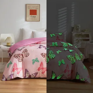 Homewish Leuchtende Bettwäsche Kinder Mädchen 155 x 220 Schmetterlings Muster im Dunkeln Leuchtende Deko Bettwäsche Weich Wendbar Atmungsaktiv Mikrofaser Bettbezug und Kissenbezug 80 x 80 cm