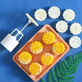 Mooncake Mould Press 50g mit 6 Briefmarken, Glückverheißendes Muster Mondkuchenform Presse Keksstempeln Kuchenpresse Runde Blumen Dekoration Werkzeuge für Backen DIY Cookie,Kuchen,Dessert,Weiß