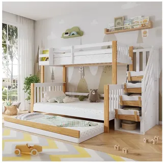 Flieks Etagenbett, Kinderbett 90x200cm+120x200cm mit Ausziehbett 90x190cm Stauraumtreppe weiß