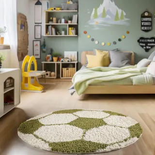 HomebyHome Kinderteppich Rund 100 cm Grün Weiß Weicher Hochflor Spielteppich mit Fußball Motiv Pflegeleicht & rutschfest Ideal für Jungenzimmer & Mädchenzimmer im Jugendstil