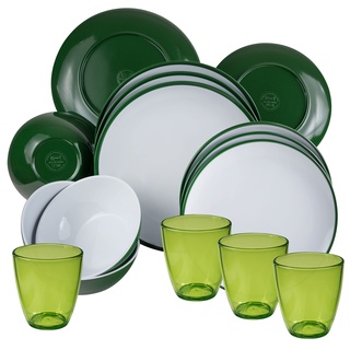 Melamin Geschirr Set für 4 Personen - 16 Teile - grün weiß - mit Trinkgläsern - Campinggeschirr Camping Geschirr