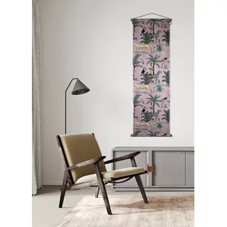 Indradanush Wanddekoobjekt Wandbehang Afrika Tiere bedruckt Stoff 40 / 90x140 cm Holzstäbe (1 Stück), bedruckte Wanddeko aus Baumwolle, bestickt, bunt rosa 40 cm x 140 cm