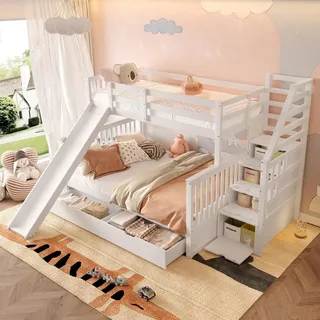 Etagenbett 90×200 + 140×200 cm mit Rutsche & Schubladen (Massivholz, weiß,Ohne Matratze),Multifunktionales Kinderbett mit Stauraum & Sicherheitsgeländer – Platzsparendes Design für sicheres Spielen