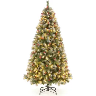 COSTWAY 195 cm Künstlicher Weihnachtsbaum mit Beleuchtung, Schnee, Tannenzapfen und roten Beeren, Tannenbaum mit 8 Beleuchtungsmodi, 420 Warmweißen LED-Lichtern, Christbaum, Kunstbaum Weihnachten
