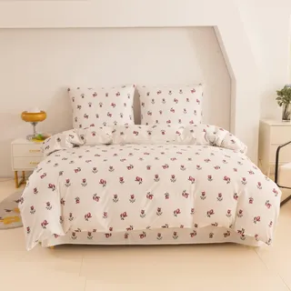 Cotton Market Bettwäsche 200x200 cm - Bettwäsche Mikrofaser Baumwolle - Herbst Bettwäsche-Sets 3 Teilig ‎mit Reißverschluss - Blumen Bettbezug mit 2 Kissenbezug 70x80 cm - Rosen/Beige